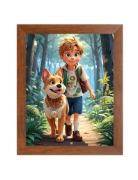 AI Funny Boy With Cute Dog Art Picture for Kids - 16x20 inches, Brown Color - Perfect Wall Decor for Children's Room