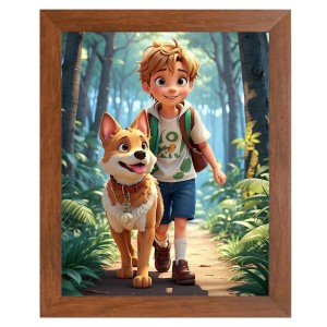 AI Funny Boy With Cute Dog Art Picture for Kids - 18x22 inches, Brown Color - Perfect Wall Decor for Children's Room