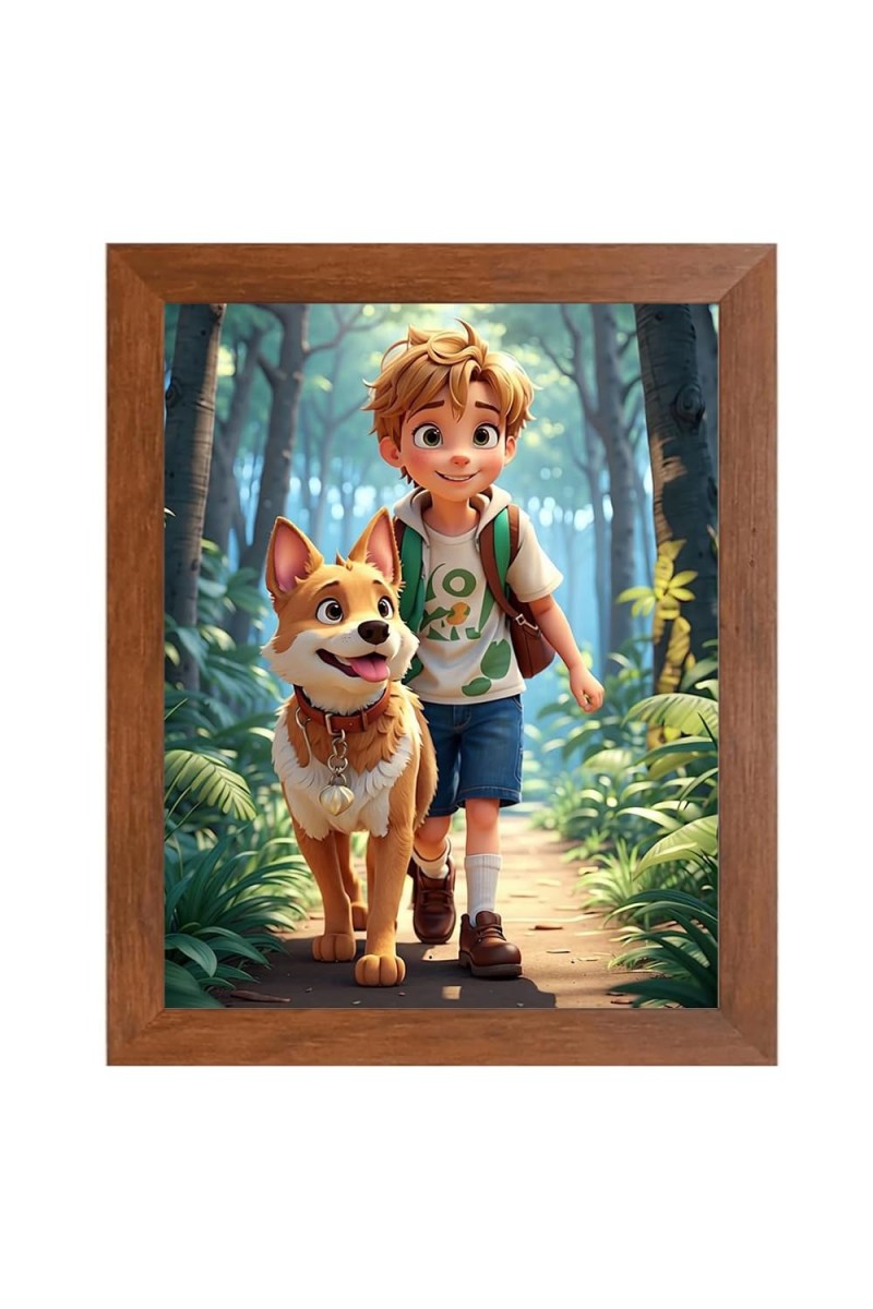 AI Funny Boy With Cute Dog Art Picture for Kids - 14x18 inches, Brown Color - Perfect Wall Decor for Children's Room