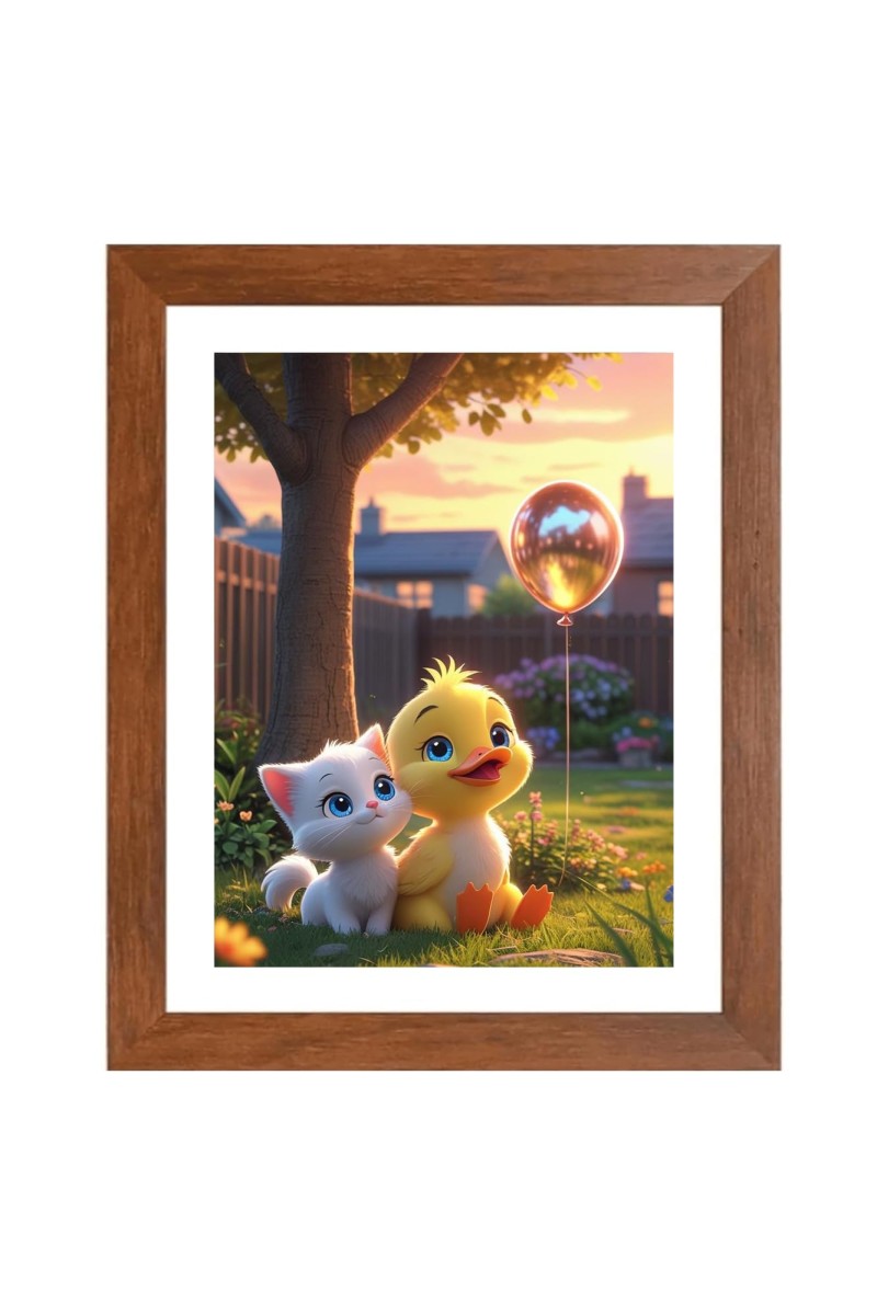 AI Funny Cute Duck With Cute Cat Art Picture for Kids - 14x18 inches, Brown Color - Perfect Wall Decor for Children's Room
