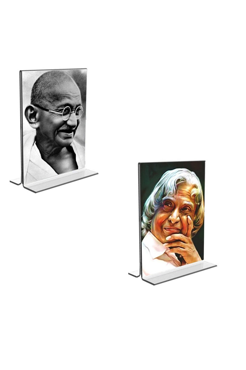 Car Desk/Table Top Mahatma Gandhi & APJ Abdul Kalam Acrylic T-Style Photo Stand - 2.5x3.5 Inches, Compact and Stylish Spiritual Display, easily change 2 photos (Pack of 1)