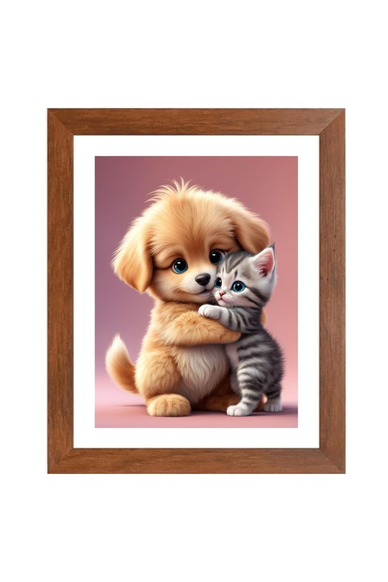 AI Funny Cute Dog & Cat Art Picture for Kids - 10x14 inches, Brown Color - Perfect Wall Decor for Children's Room