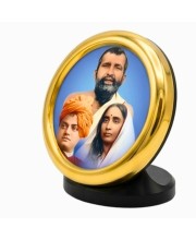 Sri Ramakrishna, Swami Vivekananda & Sarada Devi Gold Plated Metallic Photo Frame for Car Dashboard & Table Decor Glossy Finish | Compact & Elegant Design Study Desk, Puja Room, Home Temple & Office Decor
