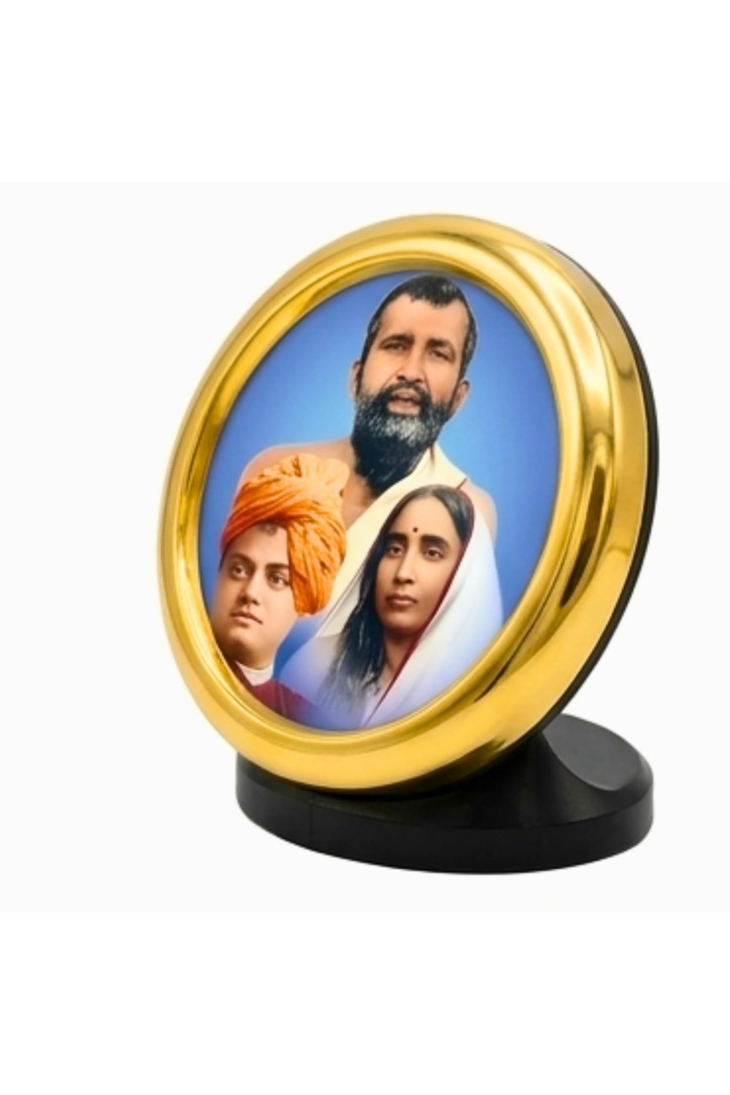 Sri Ramakrishna, Swami Vivekananda & Sarada Devi Gold Plated Metallic Photo Frame for Car Dashboard & Table Decor Glossy Finish | Compact & Elegant Design Study Desk, Puja Room, Home Temple & Office Decor