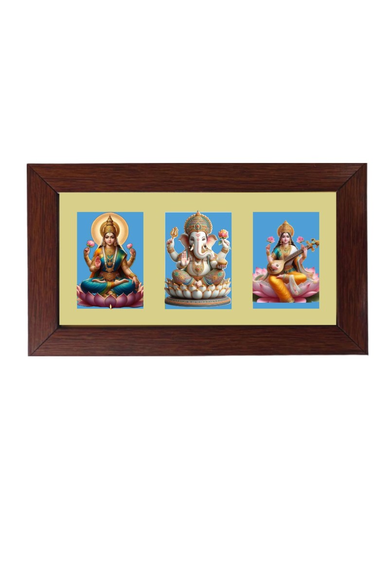 Sri Laxmi, Sri Ganesh and Sri Swaraswati Color Photo Frame -14X7.5 Inch, Elegant Religious Home & Temple Decor