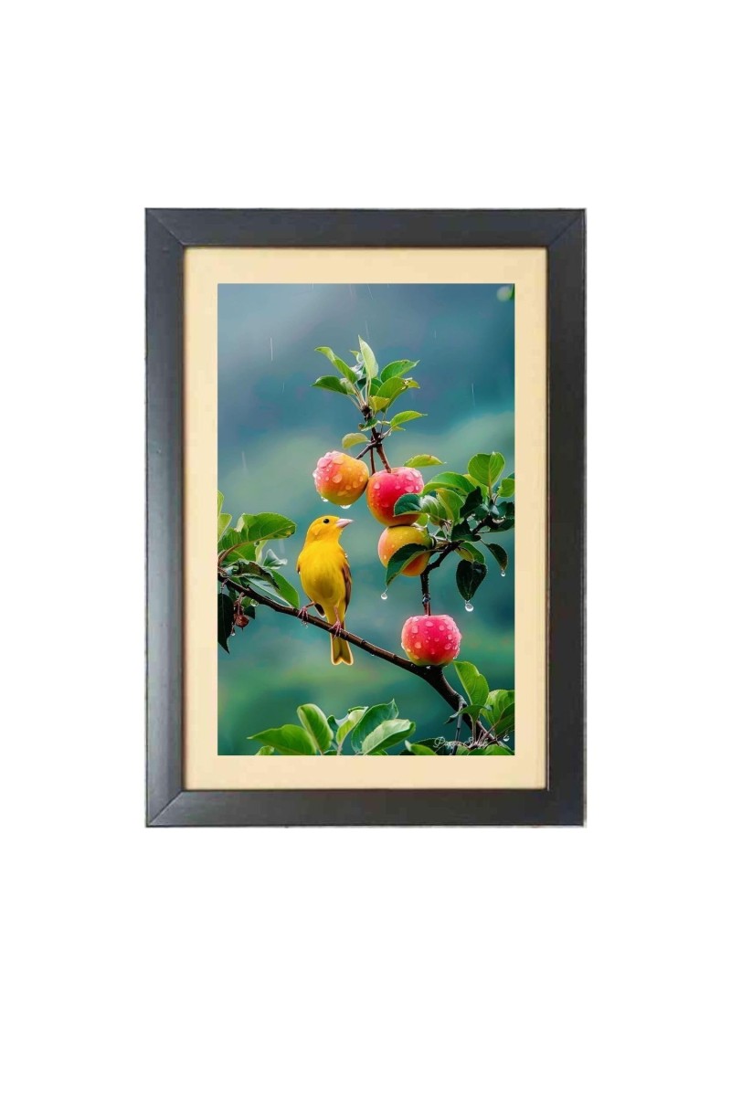The cute bird is sitting on the apple tree Black Photo Frame Funny Animal and Bird Cartoon Art