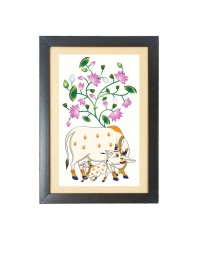 Sacred Pichwai Cow Vastu Painting Photo Frame Funny Animal and Bird Cartoon Art, Black color, 17x21 Inch