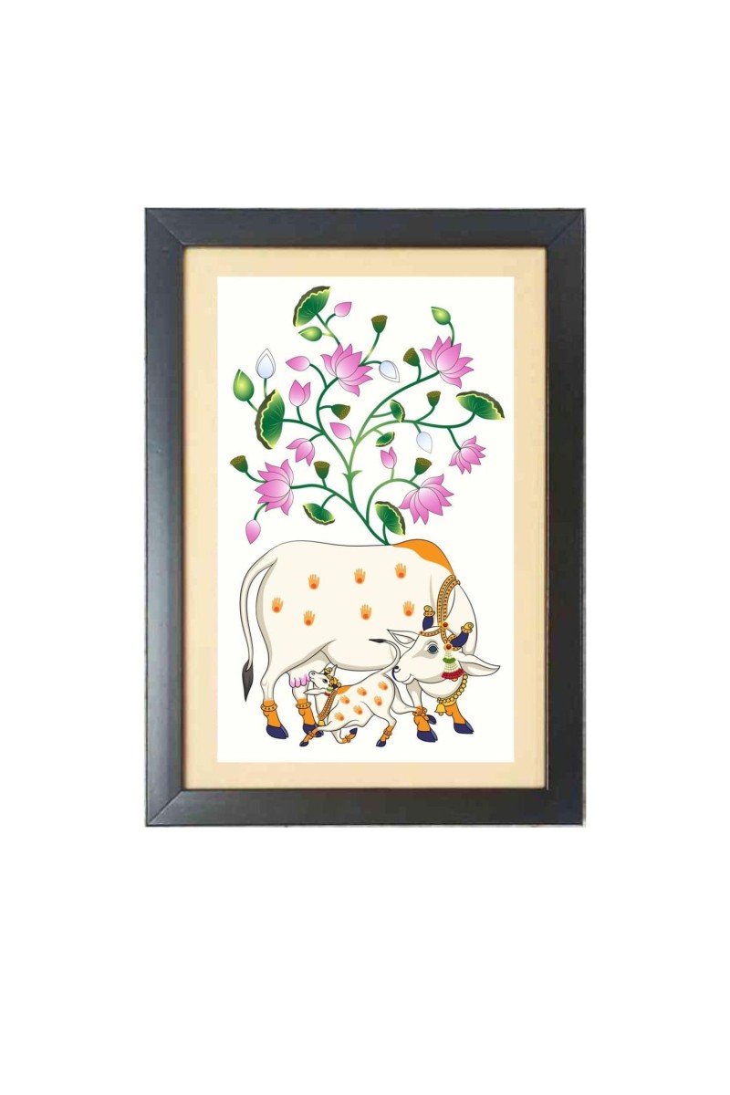 Sacred Pichwai Cow Vastu Painting Black Photo Frame Funny Animal and Bird Cartoon Art