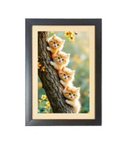 Four cute cats are holding tree Black Photo Frame Funny Animal and Bird Cartoon Art