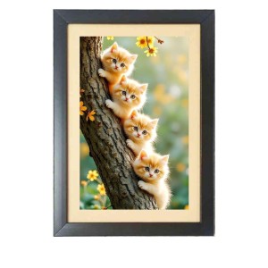 Four cute cats are holding tree Photo Frame Funny Animal and Bird Cartoon Art, Black color, 11x15 Inch Four cute cats are holding tree Photo Frame Funny Animal and Bird Cartoon Art, Black color, 11x15 Inch