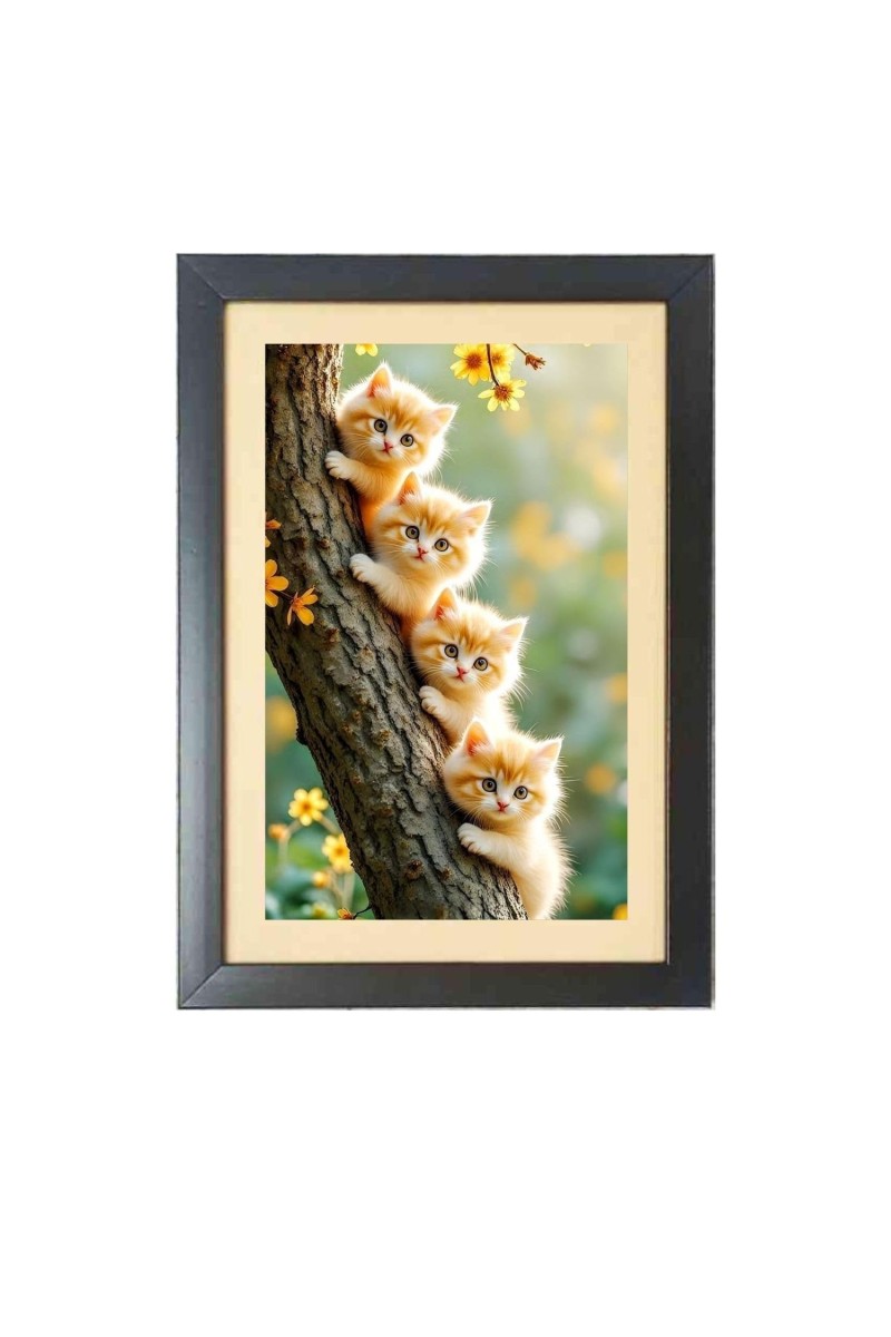 Four cute cats are holding tree Black Photo Frame Funny Animal and Bird Cartoon Art