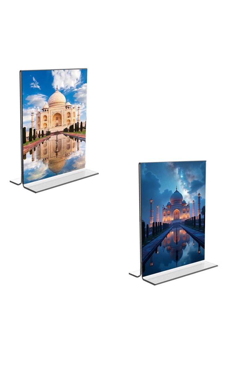 Car Desk/Table Top Taj Mahal Acrylic T-Style Photo Stand - 2.5x3.5 Inches, Compact and Stylish Spiritual Display, easily change 2 photos (Pack of 1)