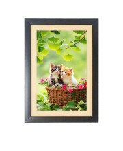 The two cats are sitting on the basket Black Photo Frame Funny Animal and Bird Cartoon Art