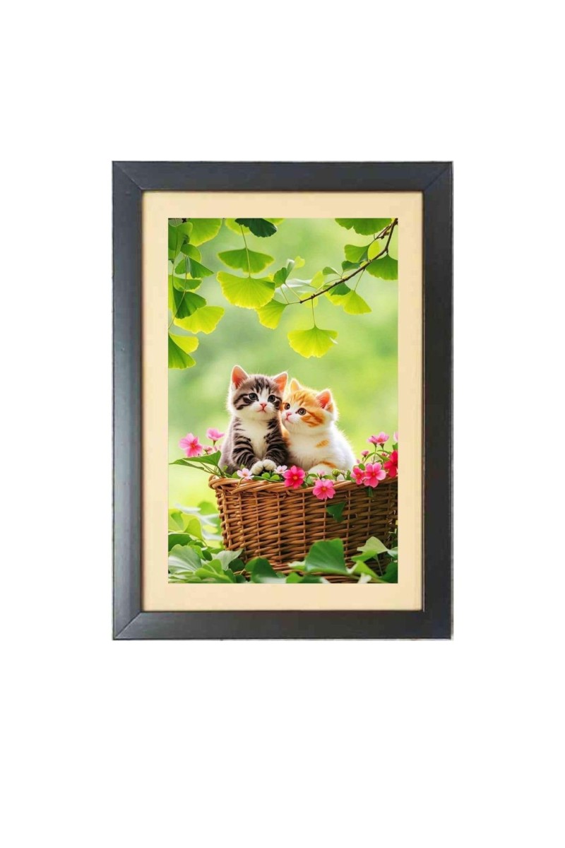 The two cats are sitting on the basket Black Photo Frame Funny Animal and Bird Cartoon Art