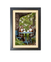 Tea time with the cutest little squirrels Photo Frame Funny Animal and Bird Cartoon Art, Black color, 13x17 Inch
