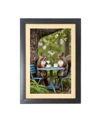 Tea time with the cutest little squirrels Photo Frame Funny Animal and Bird Cartoon Art, Black color, 19x23 Inch