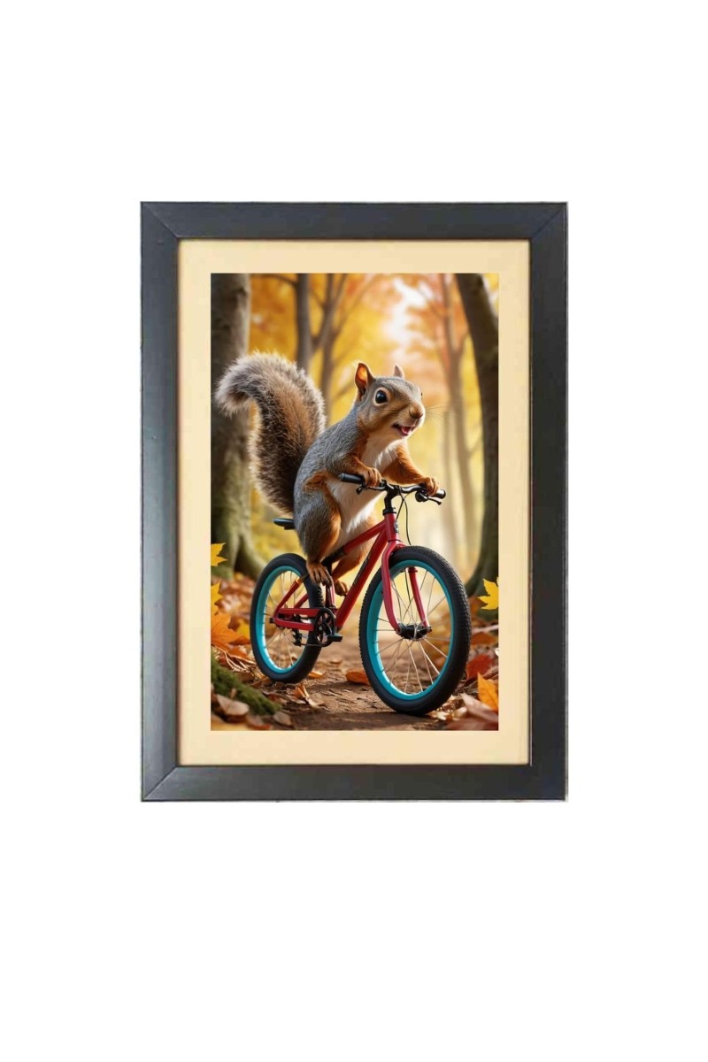 The squirrel is riding a bicycle Black Photo Frame Funny Animal and Bird Cartoon Art