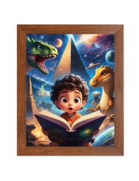 AI Funny Kid with Dinosaur Art Picture for Kids - 16x20 inches, Brown Color - Perfect Wall Decor for Children's Room