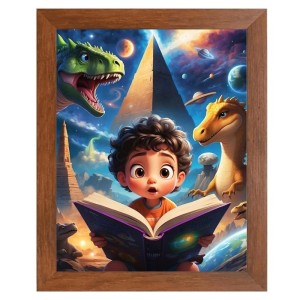 AI Funny Kid with Dinosaur Art Picture for Kids - 16x20 inches, Brown Color - Perfect Wall Decor for Children's Room