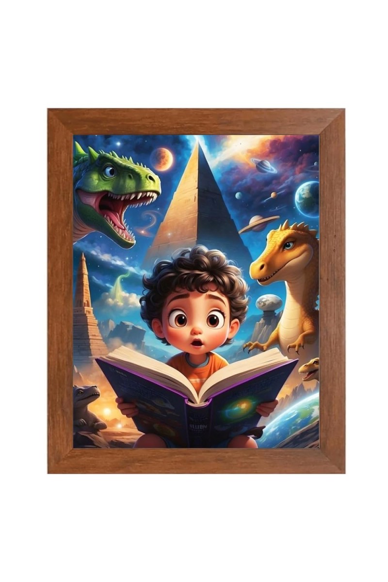 AI Funny Kid with Dinosaur Art Picture for Kids - 14x18 inches, Brown Color - Perfect Wall Decor for Children's Room