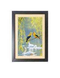 Love birds with swan Photo Frame Funny Animal and Bird Cartoon Art, Black color, 13x17 Inch