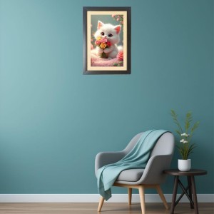 The cute cat is holding flowers Photo Frame Funny Animal and Bird Cartoon Art, Black color, 13x17 Inch