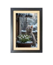 The cat is watching snow Photo Frame Funny Animal and Bird Cartoon Art, Black color, 15x19 Inch