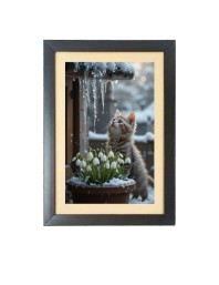 The cat is watching snow Black Photo Frame Funny Animal and Bird Cartoon Art