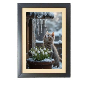 The cat is watching snow Photo Frame Funny Animal and Bird Cartoon Art, Black color, 13x17 Inch