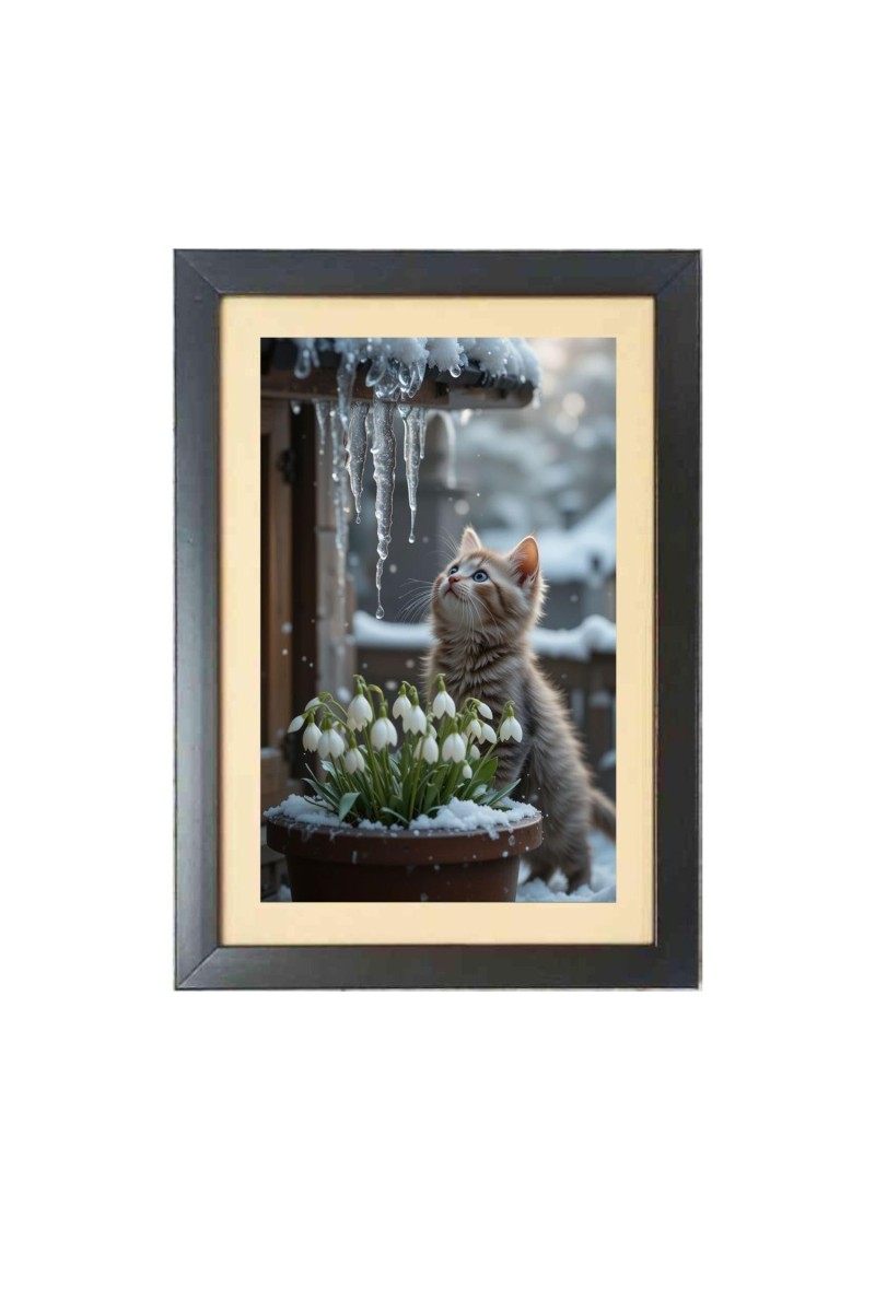 The cat is watching snow Photo Frame Funny Animal and Bird Cartoon Art, Black color, 19x23 Inch