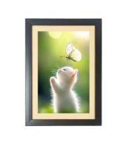 the cute white cat is catching butterfly Black Photo Frame Funny Animal and Bird Cartoon Art