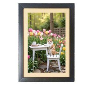 The funny cat is sitting on the chair Black Photo Frame Funny Animal and Bird Cartoon Art