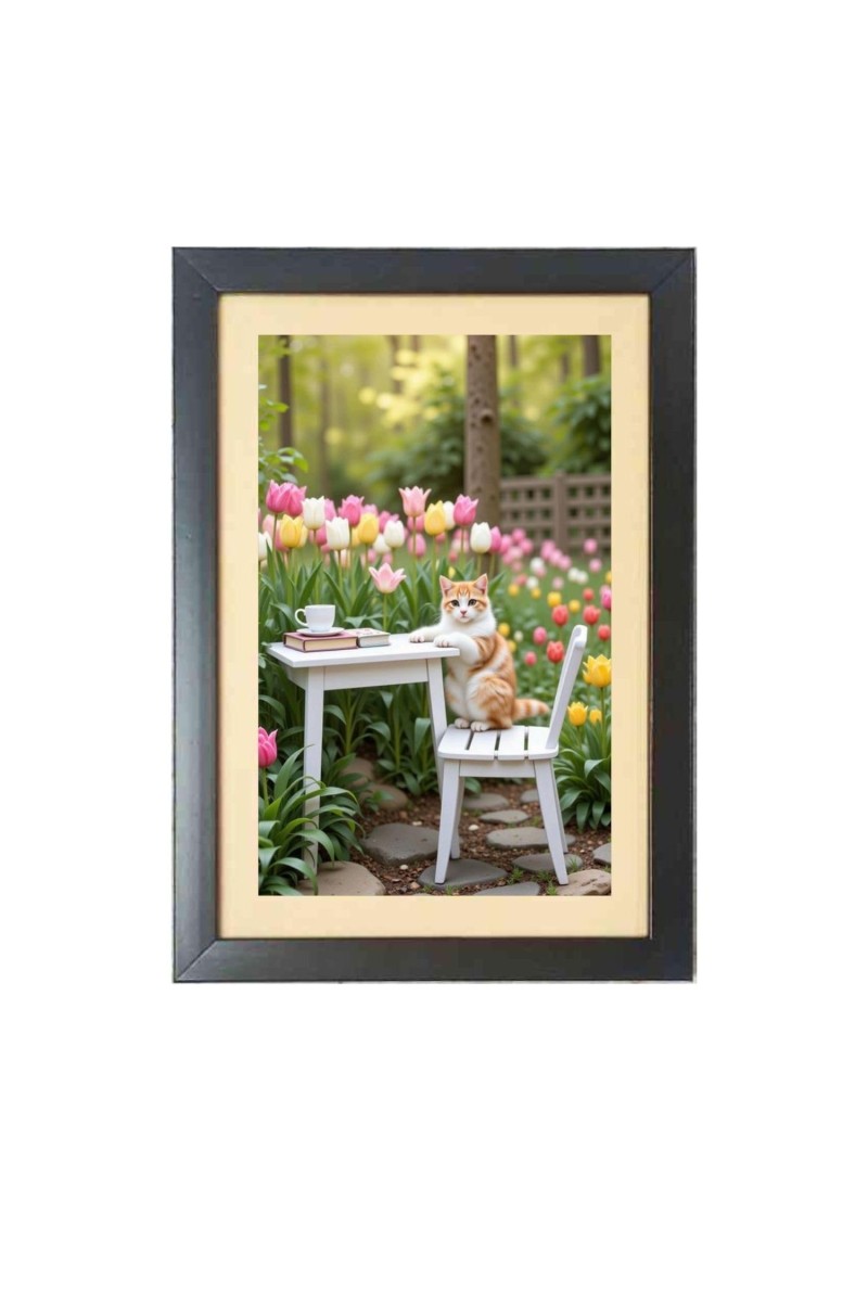 The funny cat is sitting on the chair Black Photo Frame Funny Animal and Bird Cartoon Art