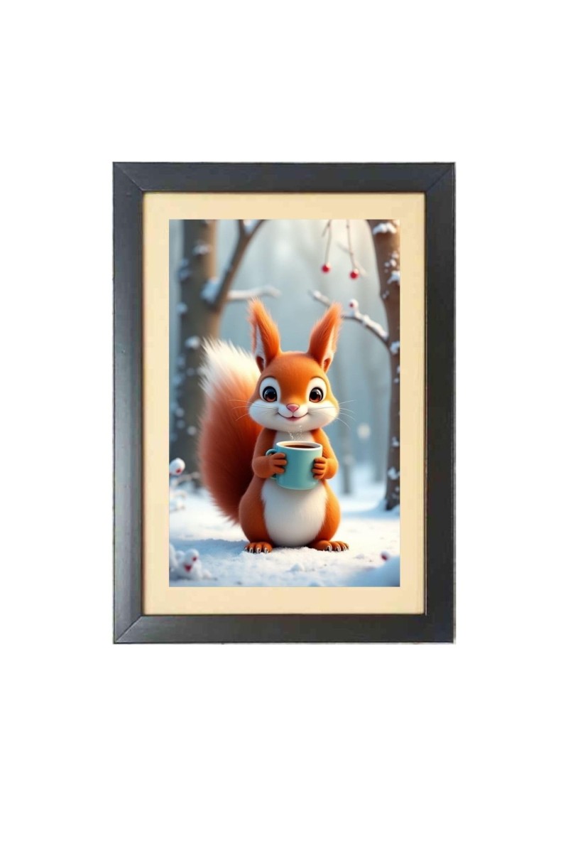 The funny squirrel is drinking coffee Photo Frame Funny Animal and Bird Cartoon Art, Black color, 11x15 Inch