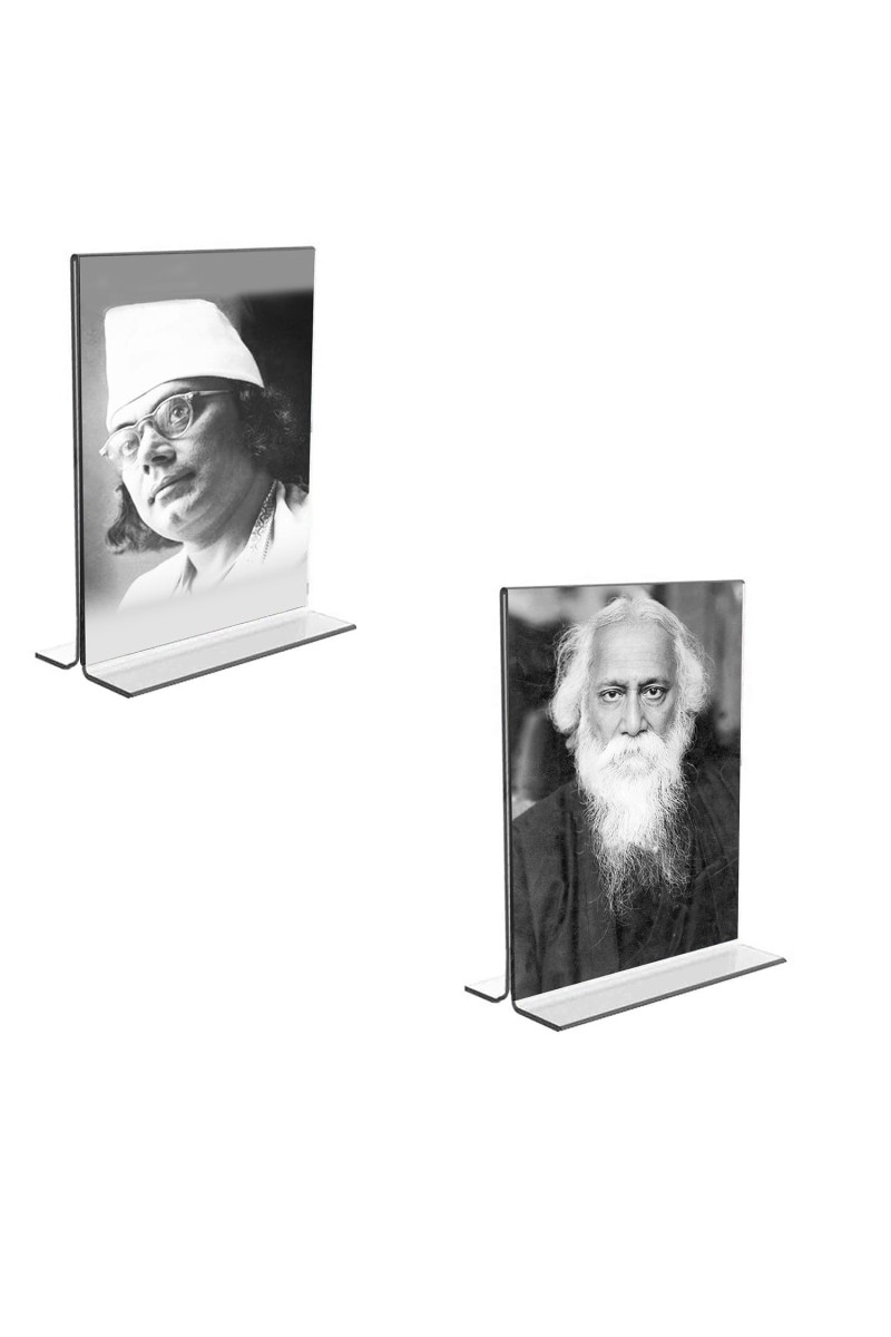 Car Desk/Table Top Kazi Nazrul & Sri Rabindranath Tagore Acrylic T-Style Photo Stand - 2.5x3.5 Inches, Compact and Stylish Spiritual Display, easily change 2 photos (Pack of 1)