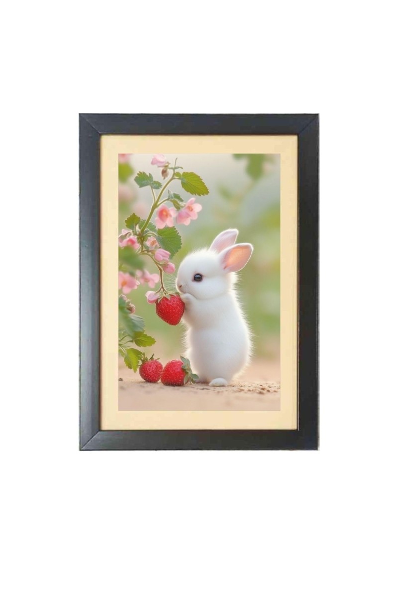 The cute rabbit is eating strawberry Black Photo Frame Funny Animal and Bird Cartoon Art