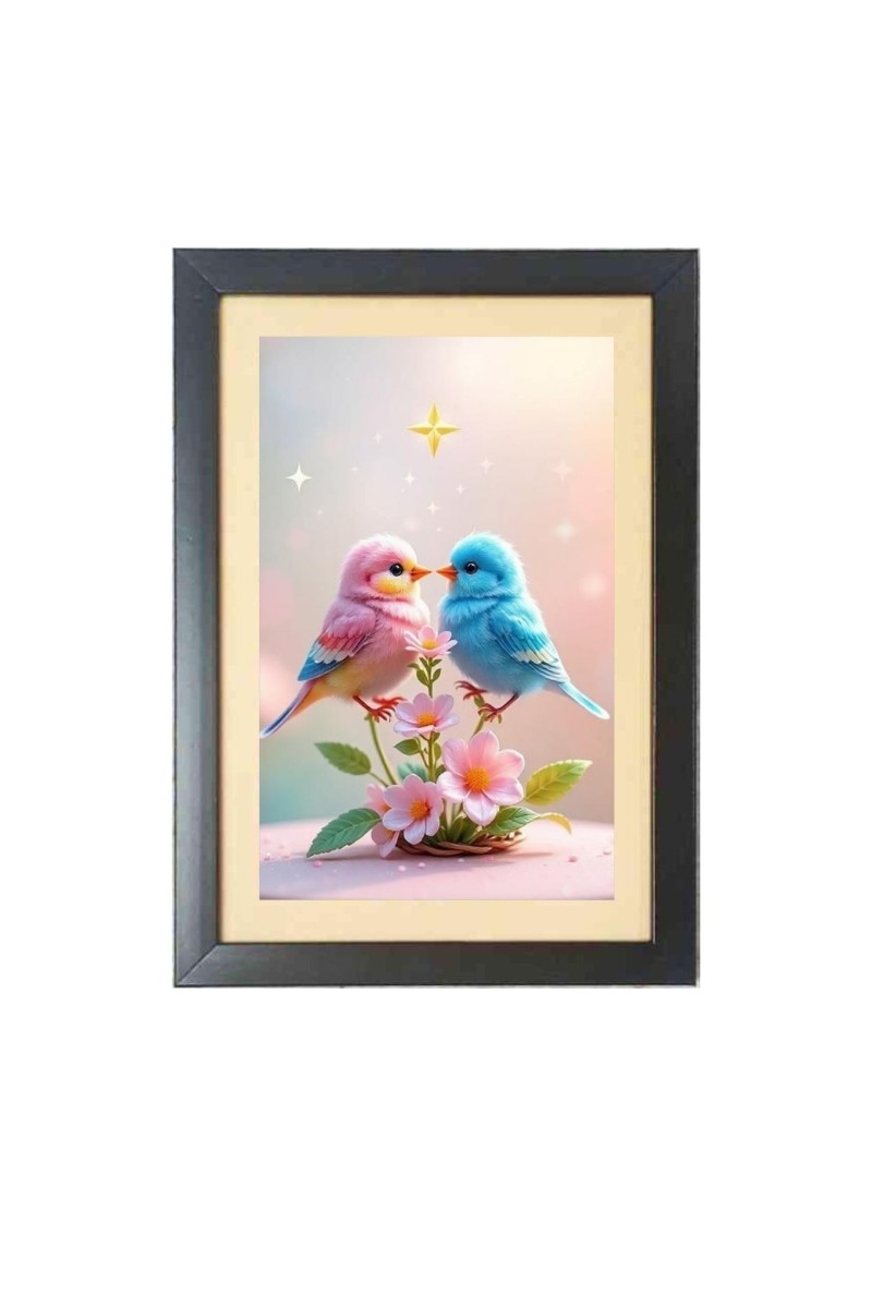 Love birds Photo Frame Funny Animal and Bird Cartoon Art, Black color, 13x17 Inch