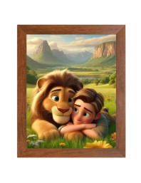 AI Funny Boy with Lion Art Picture for Kids - 14x18 inches, Brown Color - Perfect Wall Decor for Children's Room