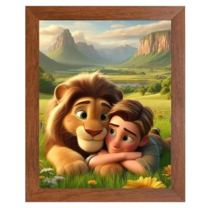 AI Funny Boy with Lion Art Picture for Kids - 14x18 inches, Brown Color - Perfect Wall Decor for Children's Room