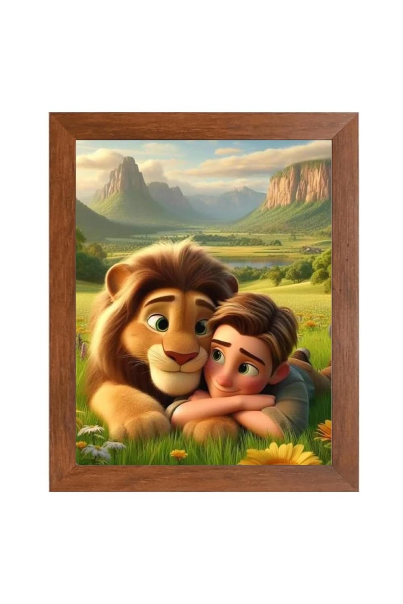 AI Funny Boy with Lion Art Picture for Kids - 14x18 inches, Brown Color - Perfect Wall Decor for Children's Room