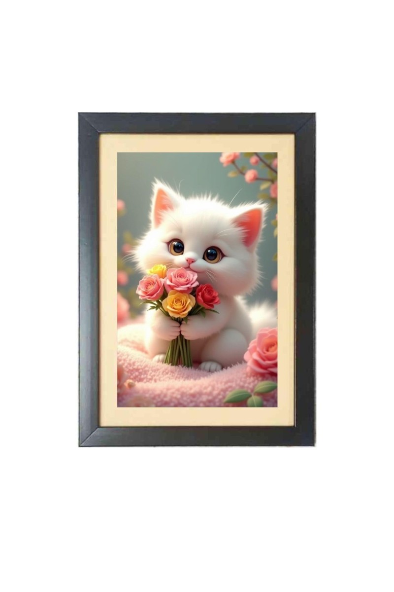 The cute little cat is holding flowers Black Photo Frame Funny Animal and Bird Cartoon Art