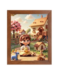 AI Funny Cute Girls with Toy Art Picture for Kids - 12x16 inches, Brown Color - Perfect Wall Decor for Children's Room