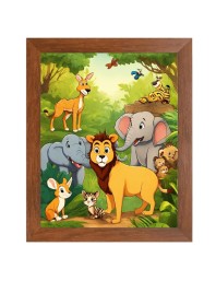 AI Funny Lion and elephant & birds, Rabbit Art Picture for Kids - 18x22 inches, Brown Color - Perfect Wall Decor for Children's Room