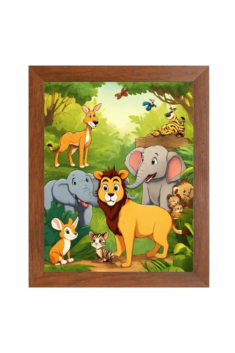 AI Funny Lion and elephant & birds, Rabbit Art Picture for Kids - 18x22 inches, Brown Color - Perfect Wall Decor for Children's Room