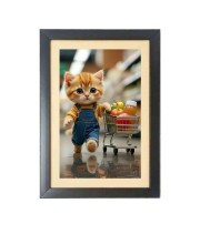 The cute cat is buying vegetables Black Photo Frame Funny Animal and Bird Cartoon Art