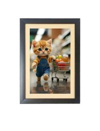 The cute cat is buying vegetables Photo Frame Funny Animal and Bird Cartoon Art, Black color, 19x23 Inch