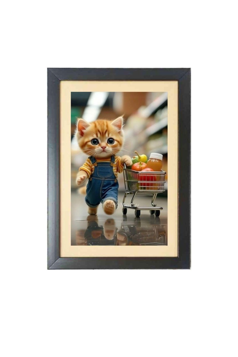 The cute cat is buying vegetables Black Photo Frame Funny Animal and Bird Cartoon Art