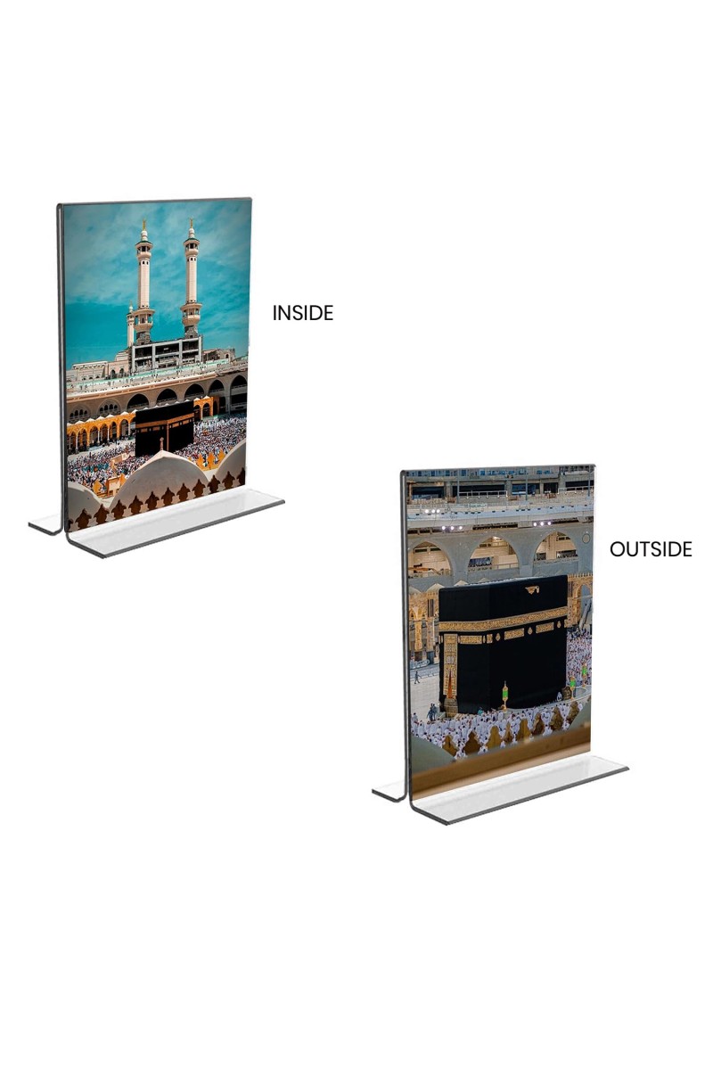 Car Desk/Table Top Mecca Madina Acrylic T-Style Photo Stand - 2.5x3.5 Inches, Compact and Stylish Spiritual Display, easily change 2 photos (Pack of 1)