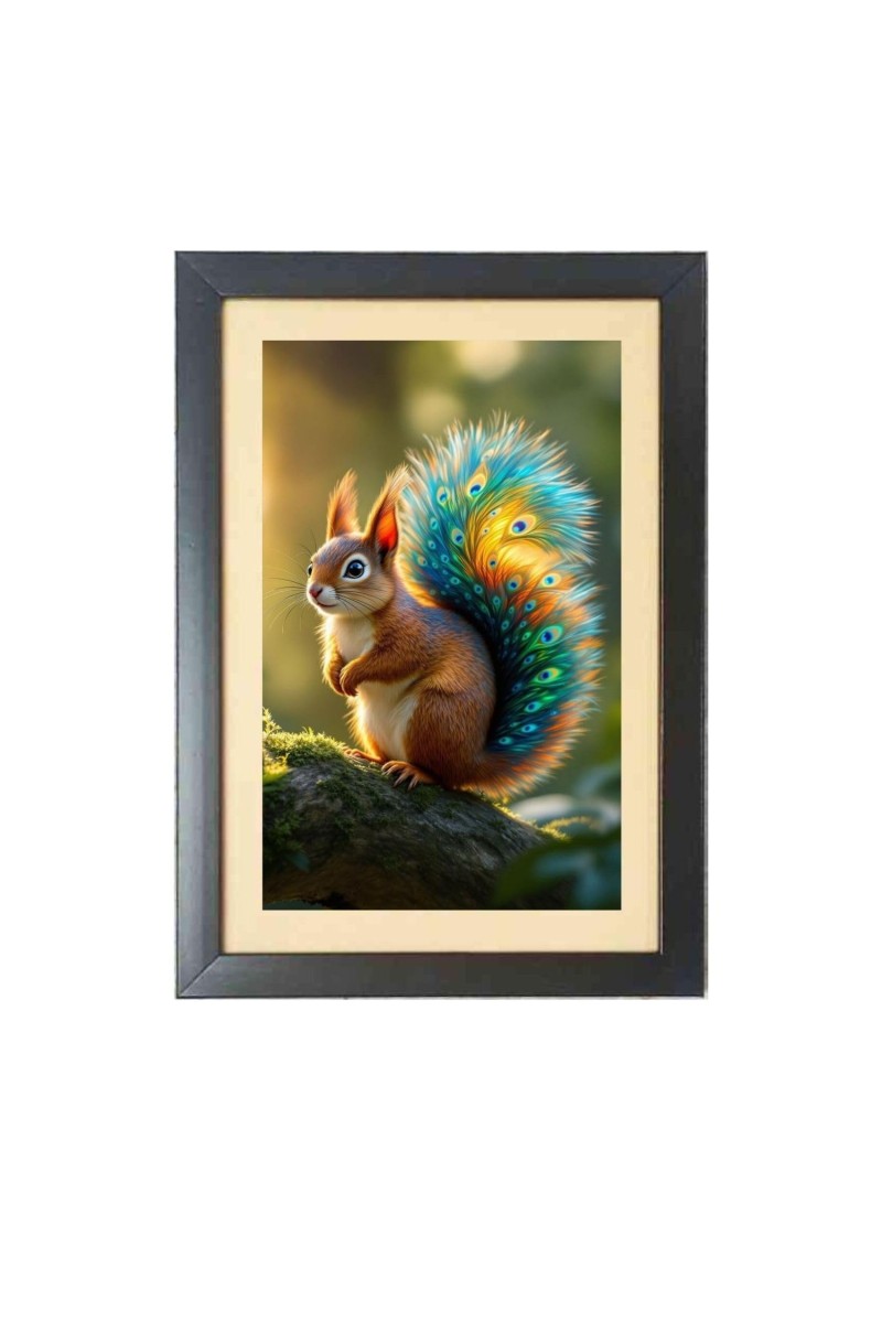The squirrel with a peacock-feathered tail Black Photo Frame Funny Animal and Bird Cartoon Art