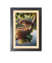 A bird guards its eggs on a tree branch Black Photo Frame Funny Animal and Bird Cartoon Art